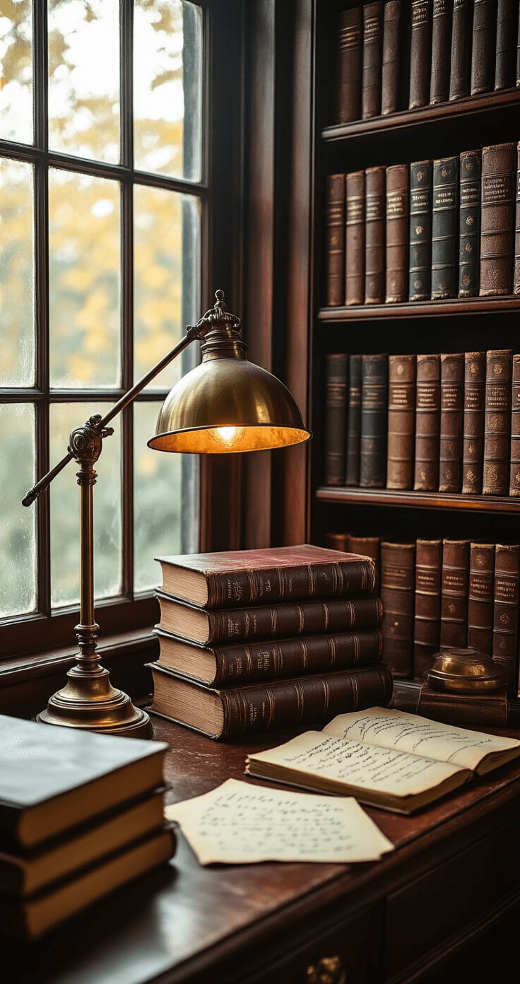A dark academia bookshelf illuminated by soft golden light, showcasing antique leather-bound books, a vintage brass reading lamp, and scattered handwritten notes against rich mahogany shelves, all surrounded by a deep burgundy and forest green color palette, creating a dreamy scholarly atmosphere.