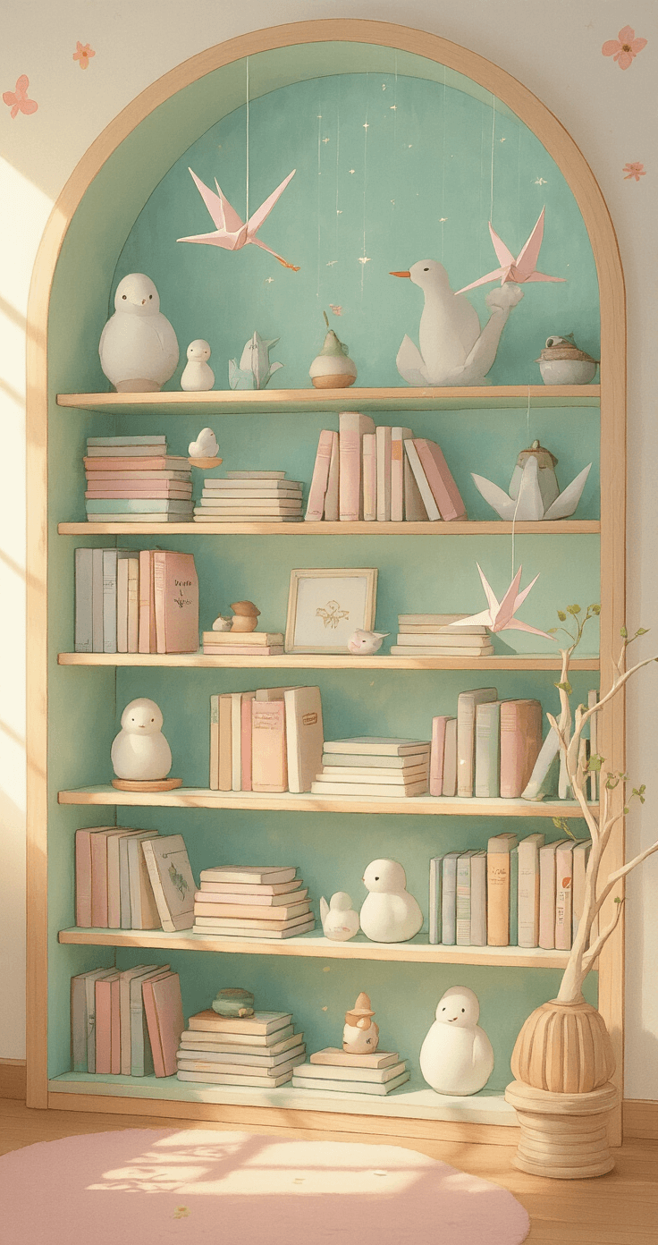 A whimsical book display inspired by Studio Ghibli, featuring pastel backgrounds, soft watercolor lighting, delicate ceramic figurines among fantasy novels, origami cranes hanging from invisible threads, and a mint and peach color palette on curved wooden shelves. The scene is bathed in warm, diffused morning light, creating an ethereal quality with books arranged both vertically and horizontally.