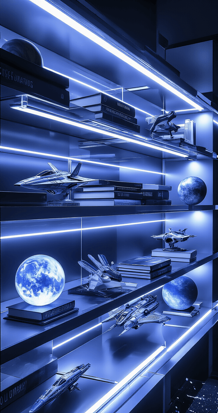 A minimalist science fiction book display featuring metallic silver and deep midnight blue colors, with sleek acrylic stands, glowing LED lights, holographic elements, model spacecraft, and planetary sculptures, captured in dramatic low-angle photography highlighting geometric shelves and high-contrast lighting.