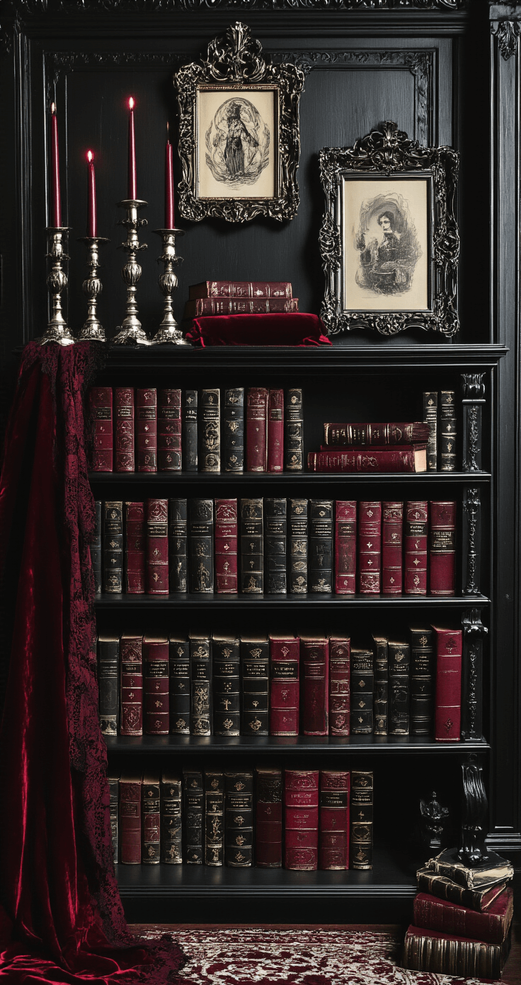 A gothic bookshelf filled with leather-bound novels, antique silver candlesticks, and ornate baroque-style frames, all enveloped in a deep crimson and black palette, under moody twilight lighting that casts dramatic shadows and highlights vintage lace fabric draped artfully.
