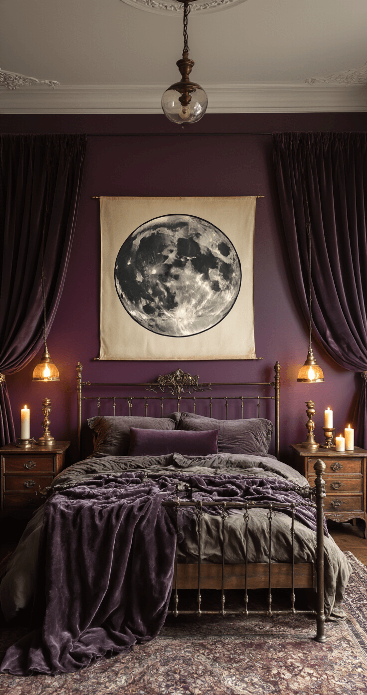 25 Enchanting Witchy Home Decor Ideas A dark, moody bedroom with rich eggplant purple walls, deep charcoal velvet curtains, antique wooden furniture, ambient lighting from vintage brass lamps and candles, celestial moon phase artwork, layers of velvet and silk throws on a wrought iron bed, and warm golden light filtering through sheer fabrics.