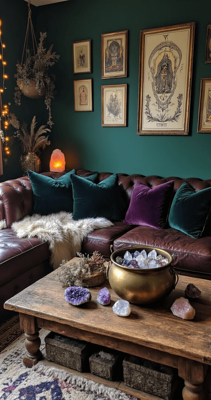 25 Enchanting Witchy Home Decor Ideas A cozy witch-inspired living room with a dark emerald green accent wall, featuring a vintage leather chesterfield sofa decorated with layered velvet pillows in midnight blue and plum, a brass cauldron on a reclaimed wood coffee table filled with crystals and dried botanicals, a gallery wall of framed tarot cards and vintage botanical prints, illuminated by soft string lights and a Himalayan salt lamp, and accented with a faux fur throw and an embroidered celestial tapestry.