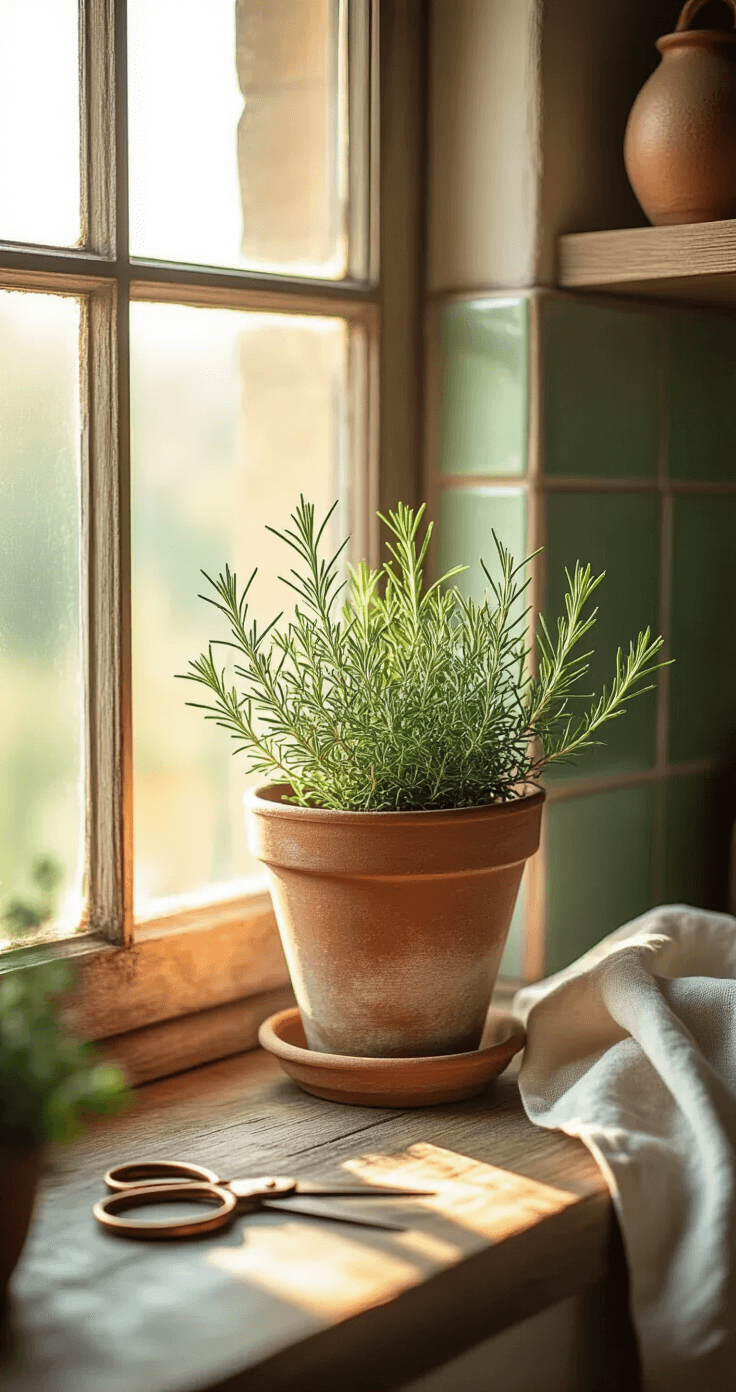 Ultra-detailed rustic kitchen windowsill with a potted rosemary plant in an aged terracotta pot, vintage sage green ceramic tiles, copper herb scissors, and a soft linen towel, illuminated by warm morning light creating soft shadows and highlighting the plant's texture.