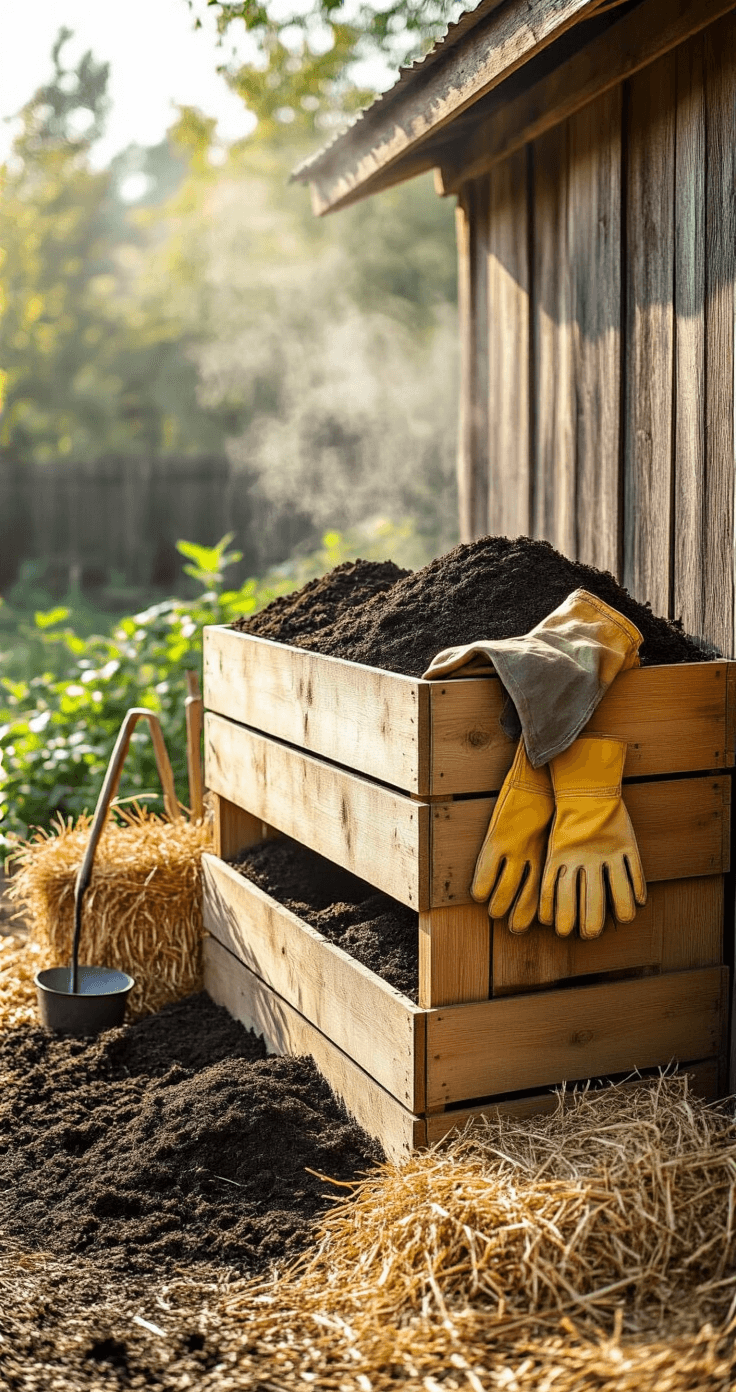 A peaceful composting station featuring a three-tier wooden bin system filled with dark compost at various stages, gardening gloves draped over the edge, straw mulch, and small cast iron tools, illuminated by morning light with subtle steam rising, set against a rustic wooden shed background.