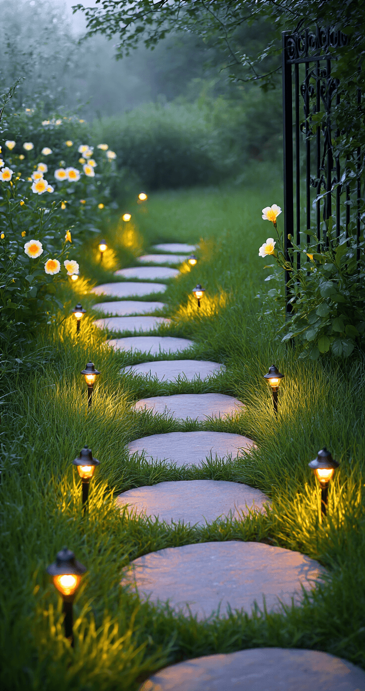 Enchanting evening garden pathway with curved stepping stone path and lush grass, softly illuminated by solar lights, featuring night-blooming evening primrose in soft focus, partially visible wrought iron gate, and a misty atmosphere in deep emerald and soft amber hues.