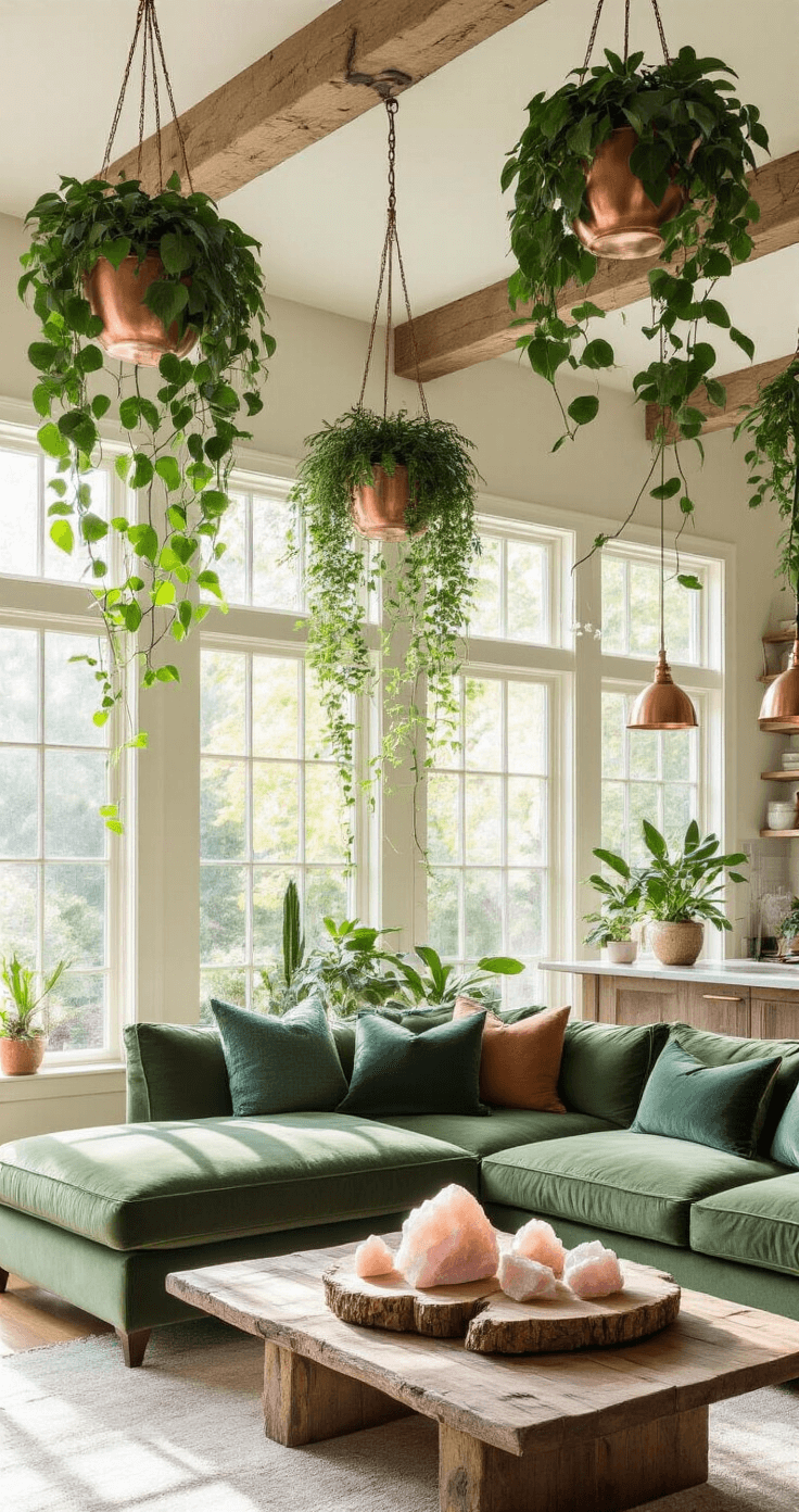 A cozy living room filled with soft morning light, featuring hanging planters with pothos, snake plants, and ivy, a sage green velvet sectional sofa, celestial-patterned throw pillows, a weathered oak coffee table with rose quartz crystals, and shadows playing on cream-colored walls.
