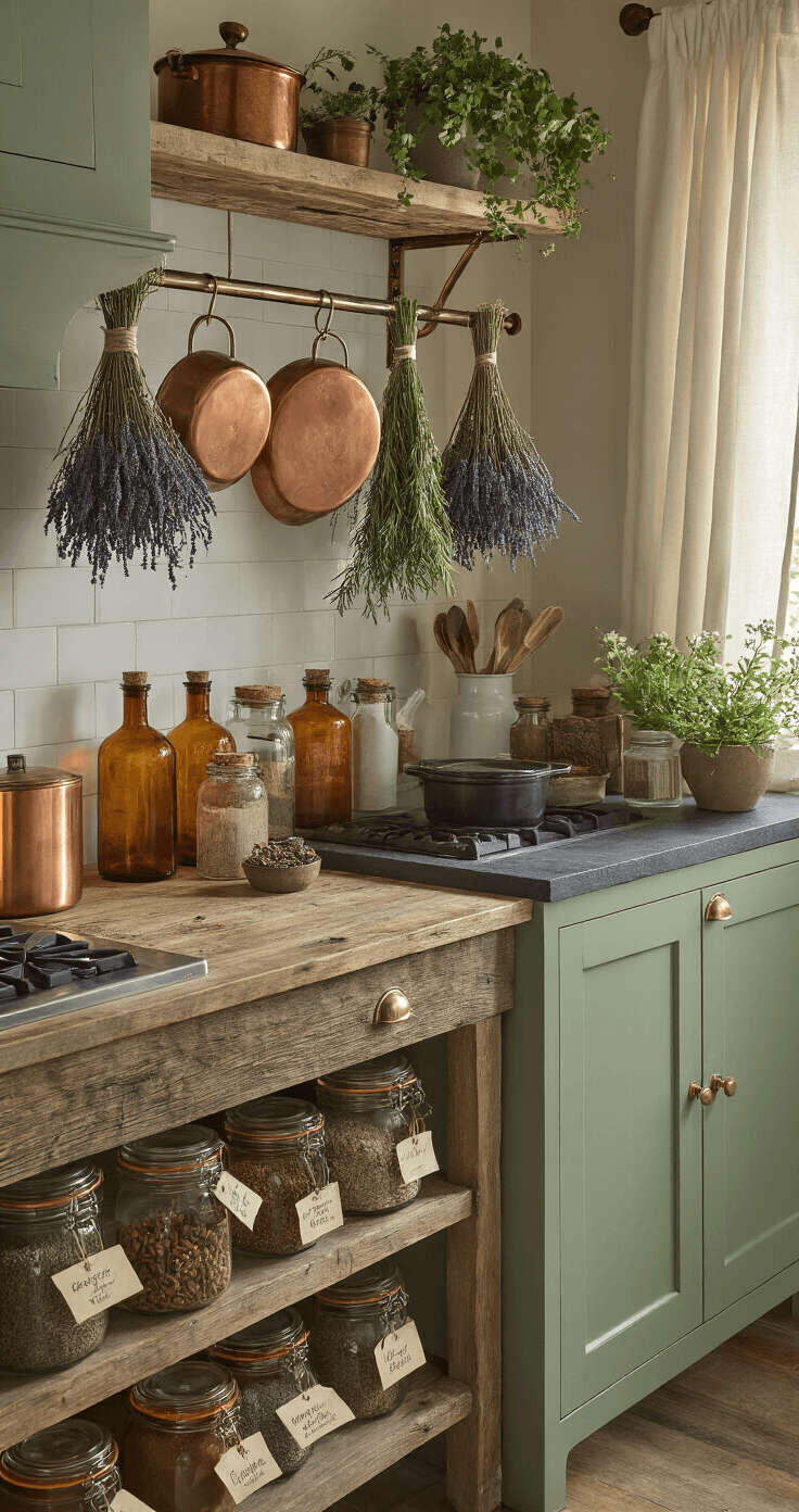 A rustic kitchen corner transformed into an enchanted apothecary, featuring a copper pot rack over a reclaimed pine island with hanging herbs, cast iron cookware, sage green cabinets, charcoal slate countertops, amber glass apothecary bottles, and warm golden hour light illuminating the scene.