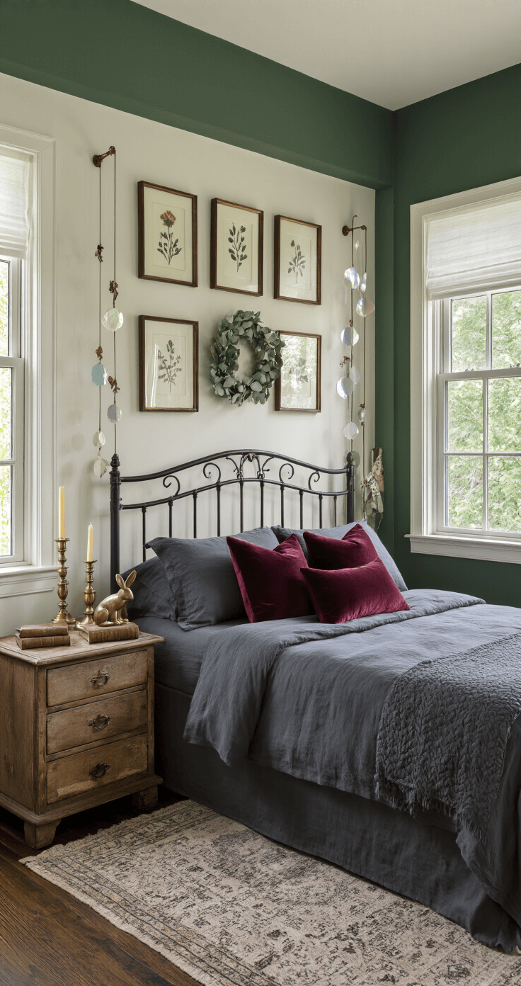 A cozy bedroom with forest green walls, a wrought iron bed frame adorned with charcoal gray linen and burgundy velvet pillows, complemented by asymmetrical floating glass frames of pressed botanicals. A weathered oak nightstand features brass candlesticks and a bronze rabbit figurine. Morning light streams through east-facing window with crystal sun catchers, casting rainbows on dark hardwood floors. Eucalyptus and dried rose moon wreath hangs above the headboard, enhancing the serene, intimate atmosphere.