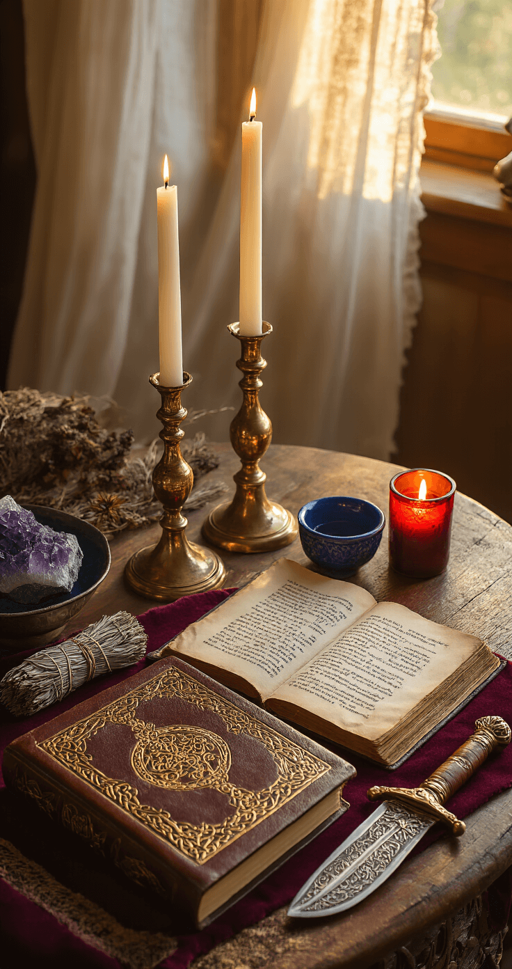 Interior of a cozy bedroom corner featuring a traditional Wiccan altar on an antique wooden table, bathed in golden hour sunlight. The altar includes brass candlesticks with white candles, a leather-bound grimoire, a silver athame with Celtic engravings, cardinal direction markers, and dried sage bundles, all arranged on deep burgundy velvet. The shot captures the intricate details of the ritual knife with a blurred background, enhancing the intimate sacred atmosphere.