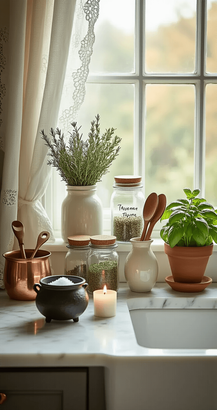 A modern kitchen altar on a white marble windowsill features mason jars with dried herbs, vintage wooden spoons, a small candle, a cast iron cauldron with sea salt, terracotta pots with fresh basil, and copper measuring cups, all illuminated by morning light filtering through lace curtains.