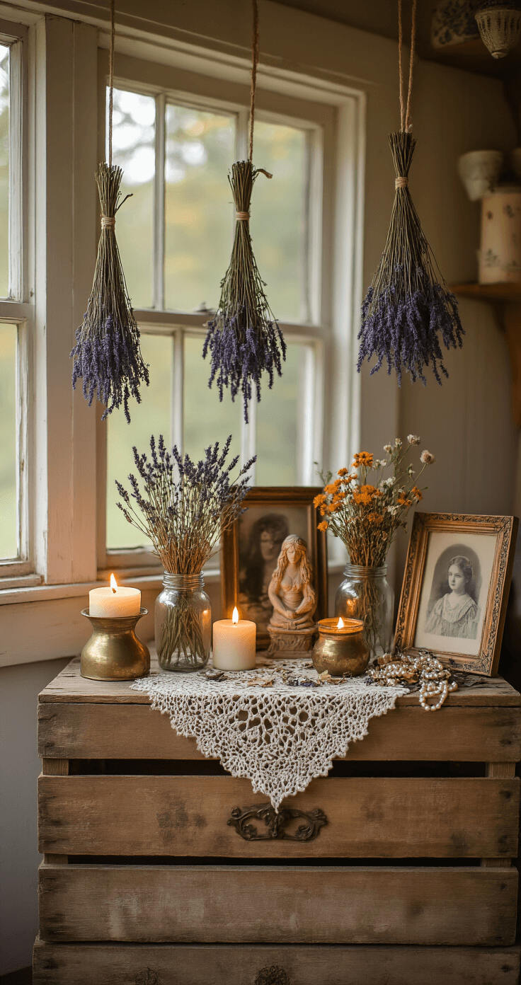 Atmospheric vintage photograph of a rustic witch altar on a wooden crate, illuminated by candlelight, featuring dried lavender, wildflowers in mason jars, a goddess statue, family photographs, and a pearl necklace, all wrapped in warm, golden shadows.