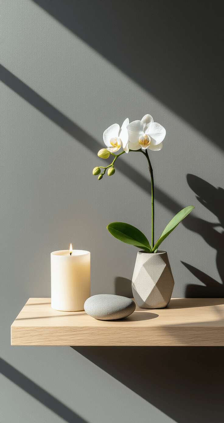 Minimalist altar on a white oak shelf against a charcoal gray wall, featuring a white pillar candle, a ceramic bowl with folded paper intentions, a smooth river stone, and a single orchid stem in a glass vase, all illuminated by clean morning light.