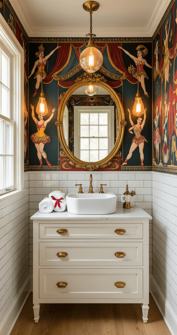 Photorealistic powder room with vintage circus performer wallpaper in jewel tones, featuring a white floating vanity, brass fixtures, round gold-framed mirror, and bright white subway tile wainscoting, enhanced by warm Edison bulb lighting and natural light from a frosted glass window, creating an inviting atmosphere.