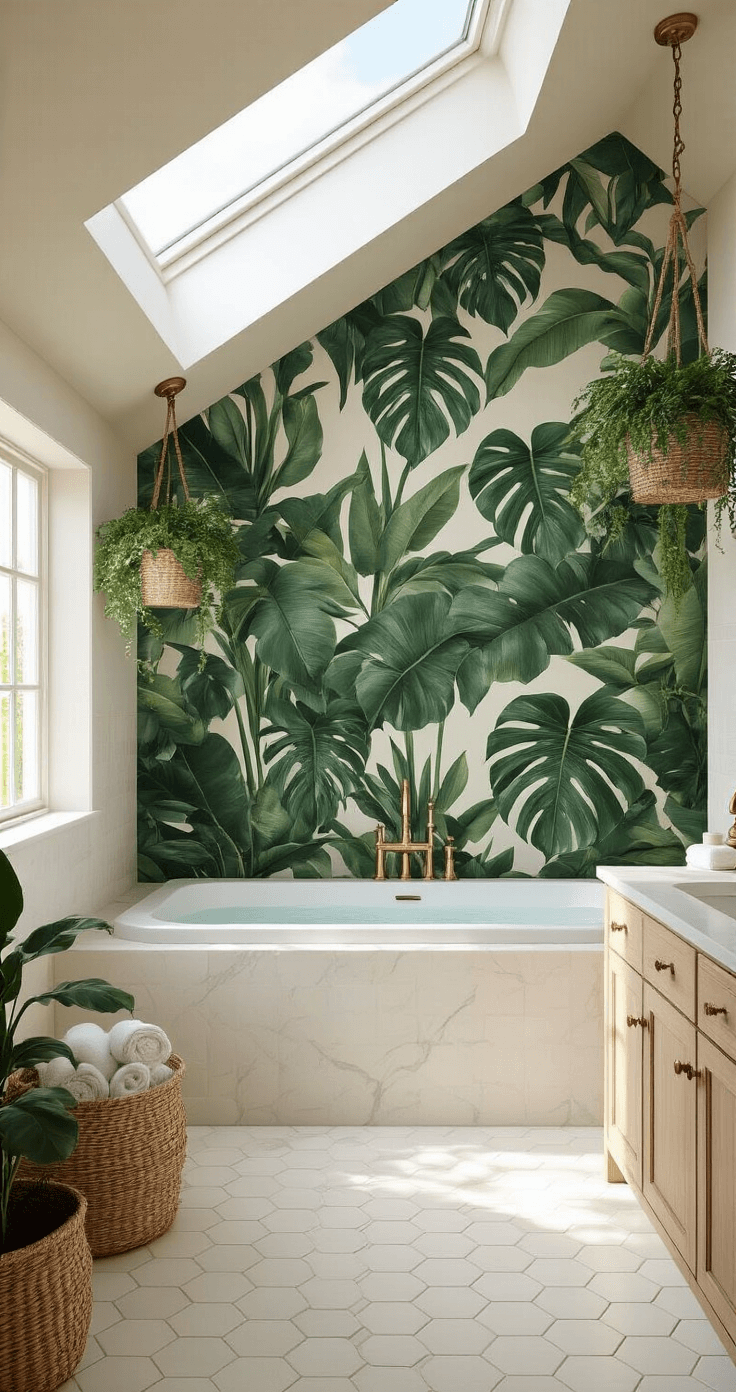 Photorealistic master bathroom featuring oversized botanical wallpaper with tropical monstera leaves and palm fronds, a freestanding tub, white marble subway tiles, light blonde wood vanity, and hexagonal white floor tiles, all illuminated by a large skylight.