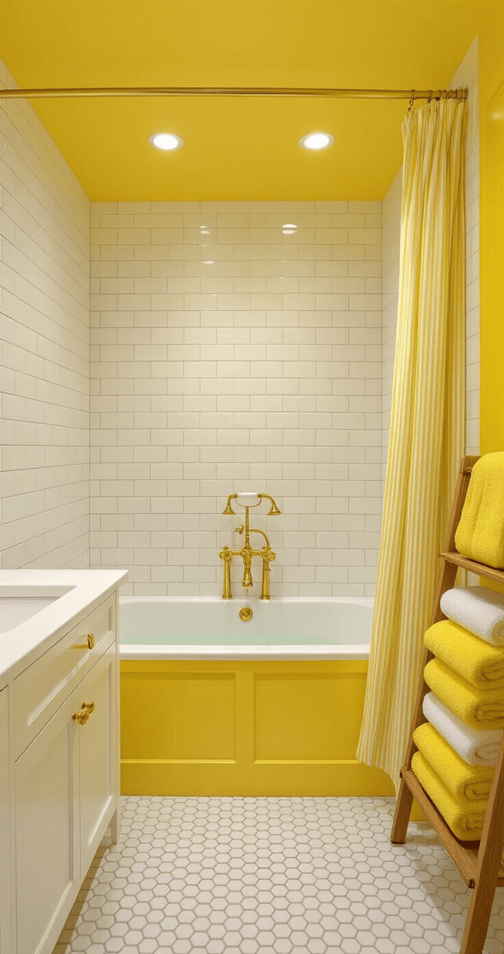 Photorealistic contemporary bathroom featuring sunshine yellow walls and ceiling, white subway tile with yellow grout, a white clawfoot tub, floating white vanity with yellow doors, and hexagonal floor tiles. The space is illuminated by recessed LED lights, with brass fixtures and a yellow and white striped shower curtain, creating a cheerful boutique hotel vibe.