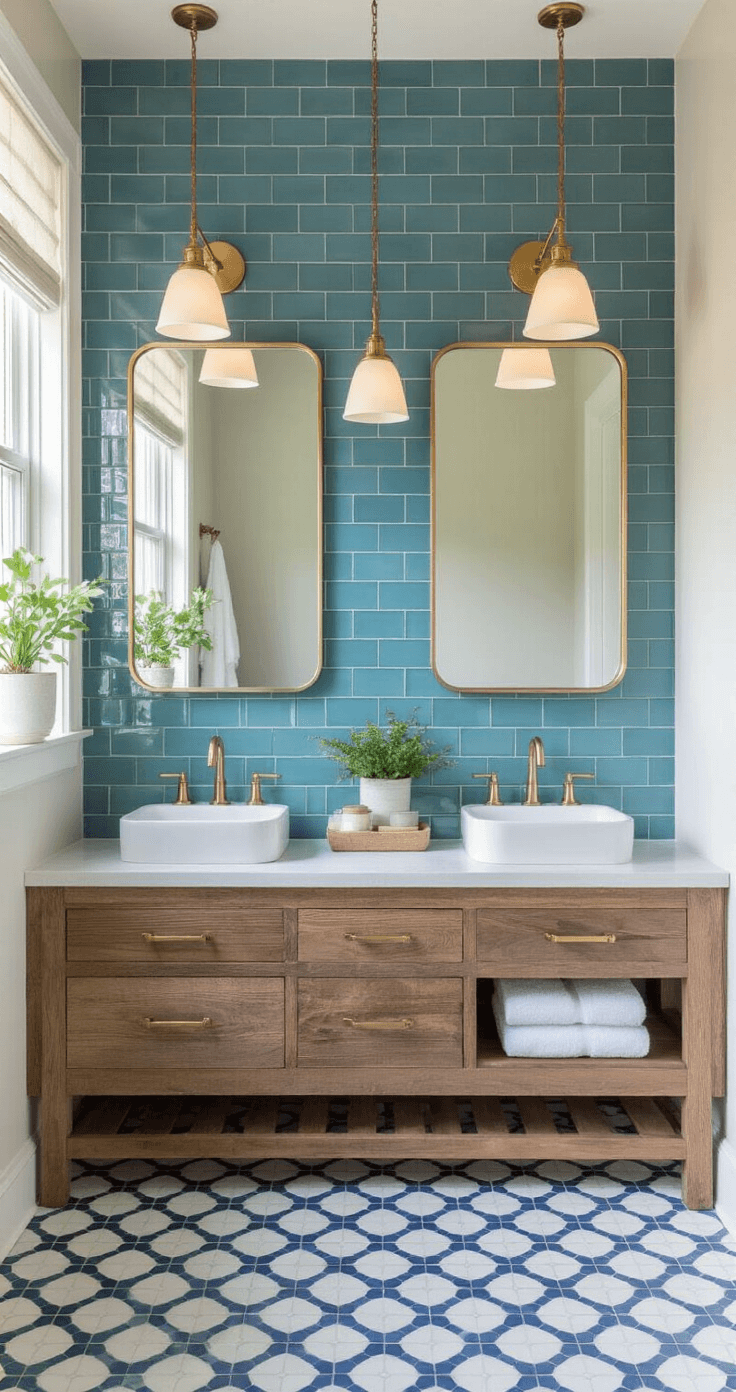 Photorealistic bathroom showcasing blue-green subway tile backsplash, double vanity with white quartz countertop, brass pendant lights, hexagonal navy and white floor tiles, and a fresh coastal atmosphere with potted plants and natural light.