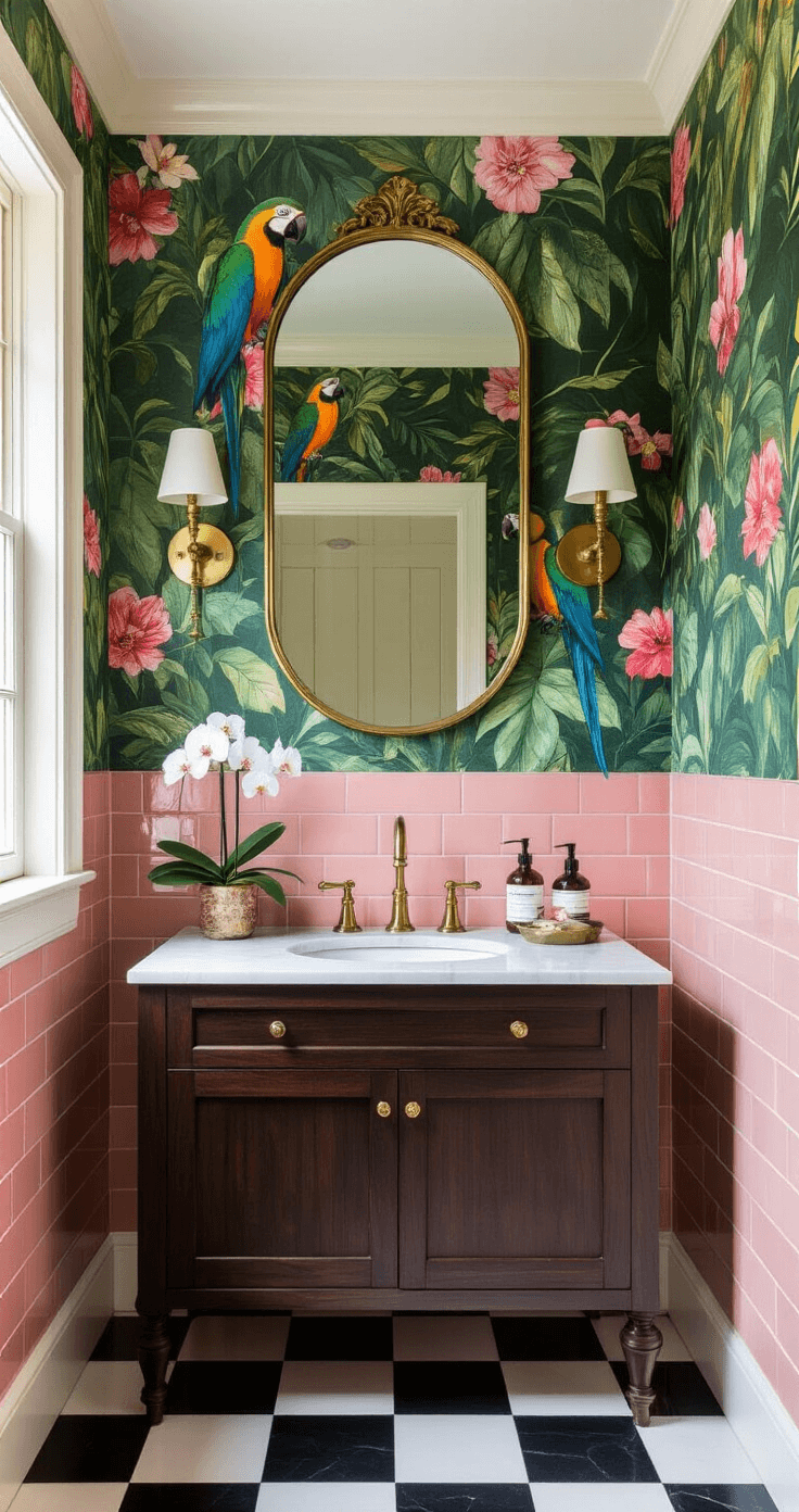 Photorealistic powder room featuring vintage rose-colored subway tiles and bold tropical parrot wallpaper, small space with dramatic black and white checkerboard floor, brass accents, dark walnut floating vanity, and elegant decor elements.