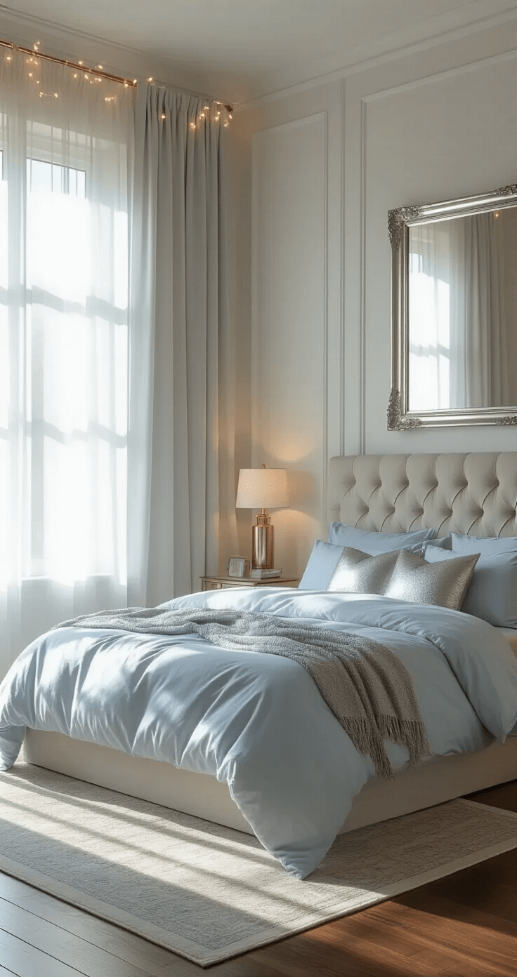 A serene bedroom with soft morning light filtering through sheer silver curtains, featuring a plush bed with pale blue linens, brushed gold bedside lamps, and dimmable LED string lights along a tufted headboard, all reflected in a vintage silver mirror.