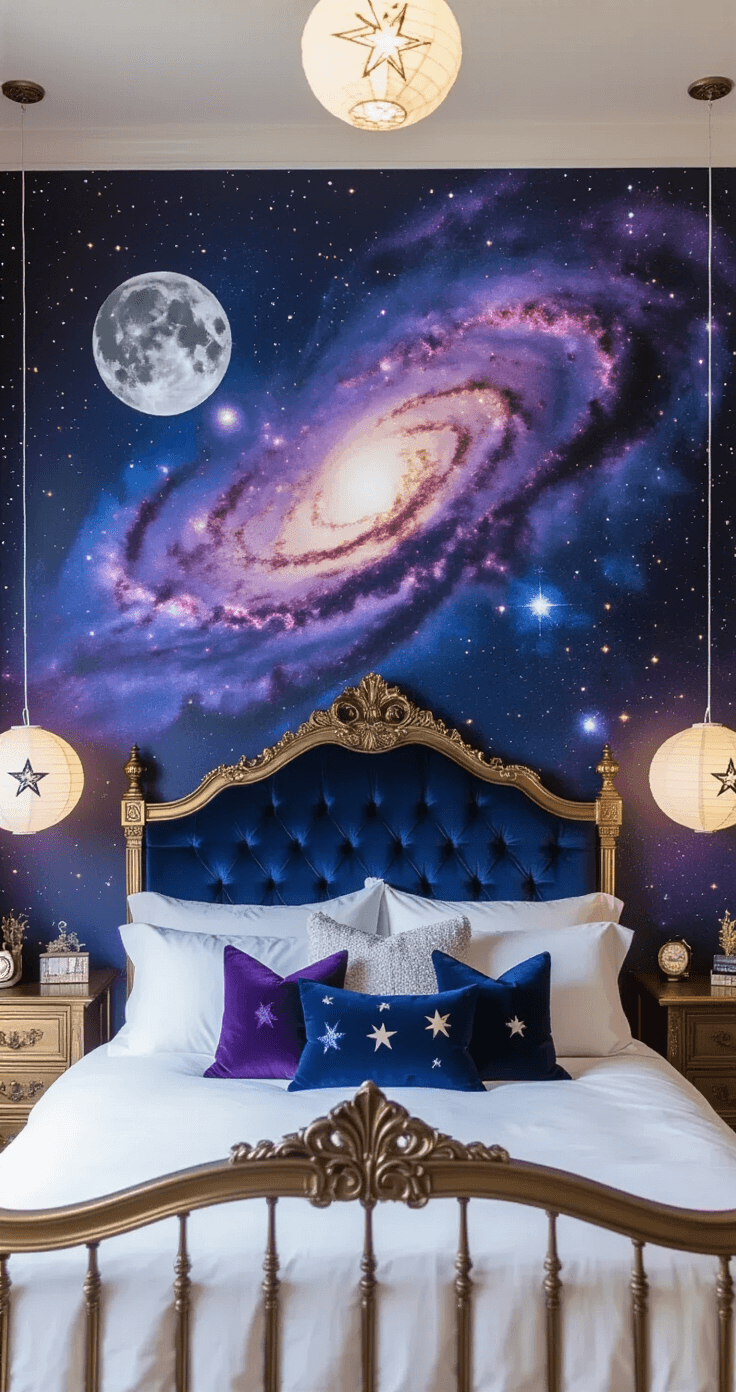 A panoramic bedroom featuring a galaxy wallpaper mural behind an ornate Victorian brass bed, with swirling nebulas in purples and blues. A celestial wall tapestry displays moon phases, and velvet pillows in sapphire and amethyst adorn crisp white bedding. Metallic star-shaped lamps and paper lanterns provide warm lighting, shot symmetrically during golden hour.