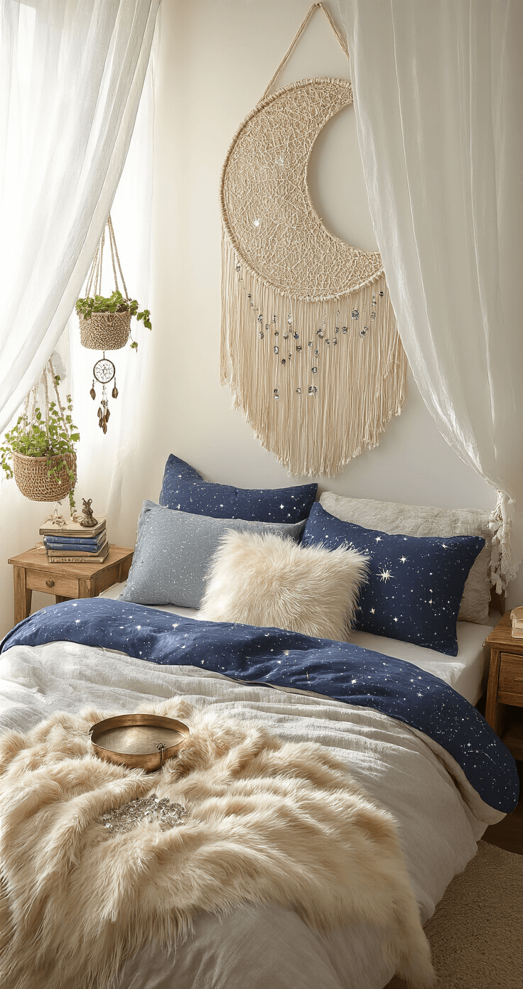 Overhead view of a bohemian-inspired celestial retreat, featuring a layered bed with navy sheets, cream faux fur throw, and constellation-patterned pillows, illuminated by soft morning light through white curtains, alongside macramé wall hanging, vintage astronomy books, and hanging plants in woven baskets.