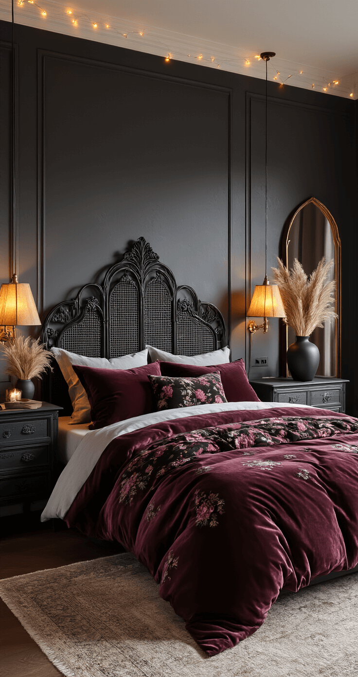 Photorealistic gothic boho bedroom with deep charcoal gray walls, a king-size bed featuring an ornate black rattan headboard, and burgundy velvet layered bedding. The room is softly illuminated by warm amber light from brass table lamps, with string lights providing a subtle glow. A large gothic arch mirror leans against the wall, and dried pampas grass is displayed in a black ceramic vase on a vintage dresser. The image captures a moody, romantic atmosphere with rich jewel tones.