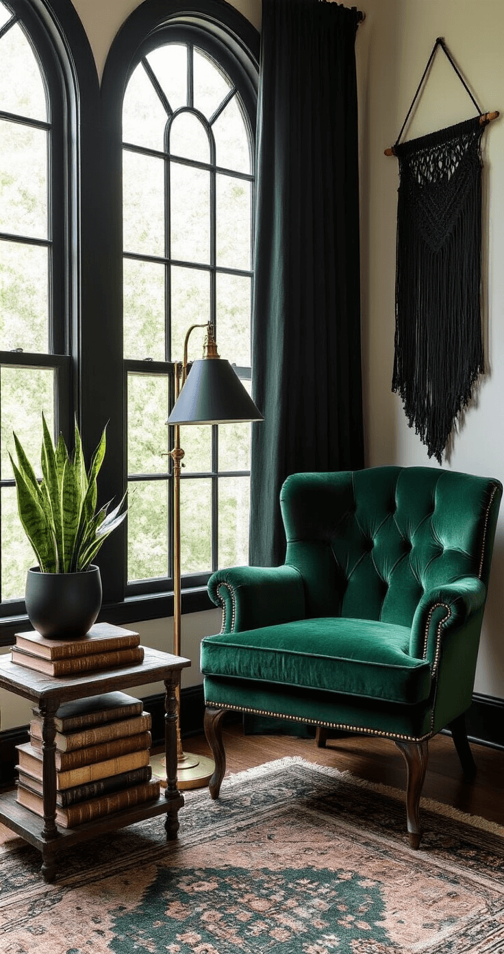 A cozy gothic boho reading corner featuring an emerald green velvet accent chair, tall arched window with layered dark curtains, brass floor lamp, vintage leather-bound books, macrame wall hanging, and a potted snake plant, all illuminated by soft natural and warm lamp light.