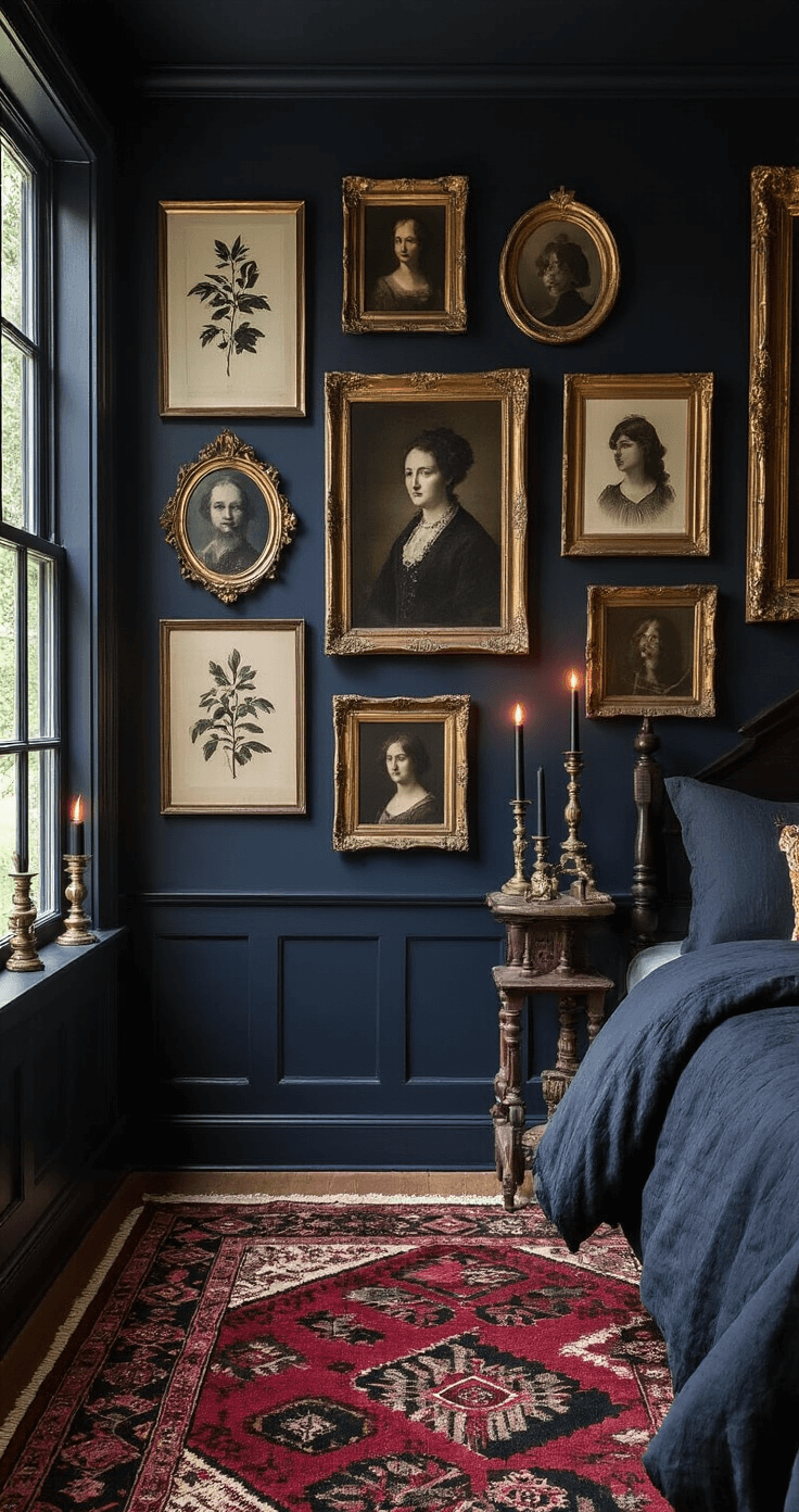 Dramatic gallery wall in a 12x14 foot bedroom, featuring dark-framed botanical prints, vintage portraits, and celestial artwork on a deep navy wall, with antique brass mirrors reflecting candlelight from ornate black taper candle holders, all accented by a burgundy and black Persian rug layered over a jute base rug.