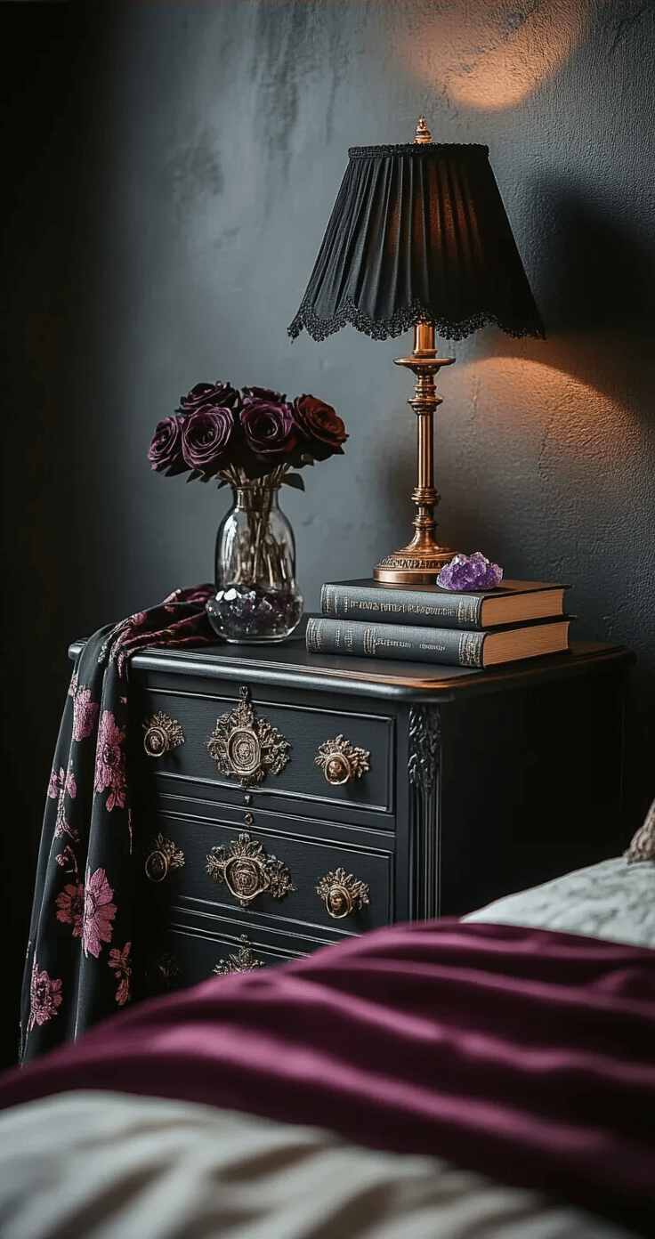 Close-up of a gothic boho bedside scene featuring a matte black vintage sewing machine cabinet as a nightstand, adorned with a brass lamp, amethyst crystals, and dark poetry books. Dried black roses in a glass vessel catch warm light, complemented by a vintage floral scarf. The textured charcoal wall and burgundy velvet throw blanket enhance the intimate, luxurious atmosphere.