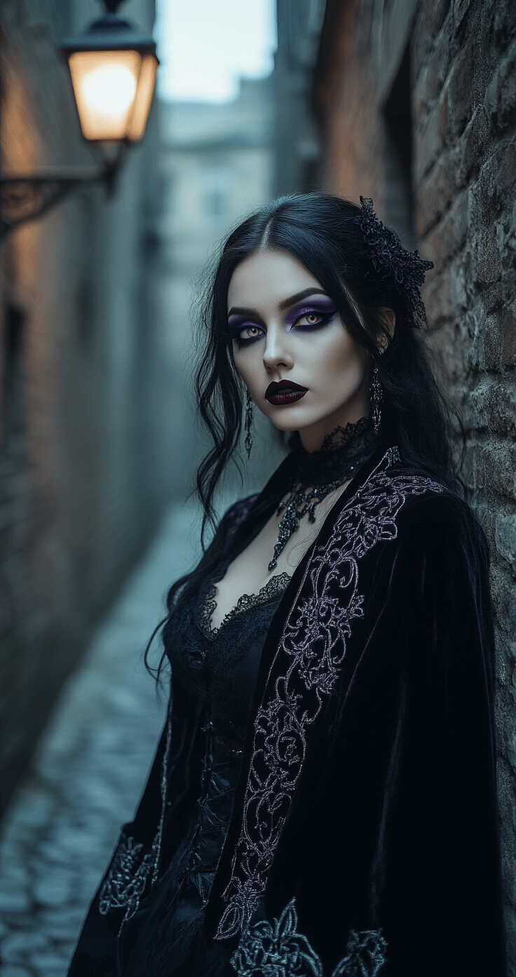 A gothic witch cosplay model poses in a misty urban alleyway at twilight, featuring dramatic smokey purple eyeshadow, deep burgundy lips, and black lace accessories, under a vintage streetlamp. She wears a dark velvet coat with silver embroidery, with moonlight creating dramatic shadows. The atmosphere is low-light and moody, captured with a Canon DSLR at f/2.8.