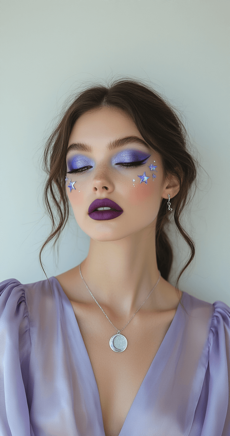 A model with shimmering midnight blue eyeshadow and royal purple lipstick showcases whimsical celestial witch makeup, adorned with star-shaped iridescent face gems in a minimalist white studio, illuminated by soft natural light, wearing a sheer lavender silk blouse and a delicate silver moon pendant.