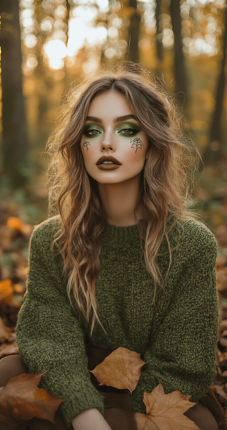 Model in a lush forest clearing at golden hour, showcasing witch-inspired makeup with mossy green eyeshadow, dark olive lipstick, and abstract spider web eyeliner. She wears an earthy olive green knit sweater and suede ankle boots, surrounded by autumn leaves and soft woodland light, capturing a natural, organic vibe in professional fashion photography style.