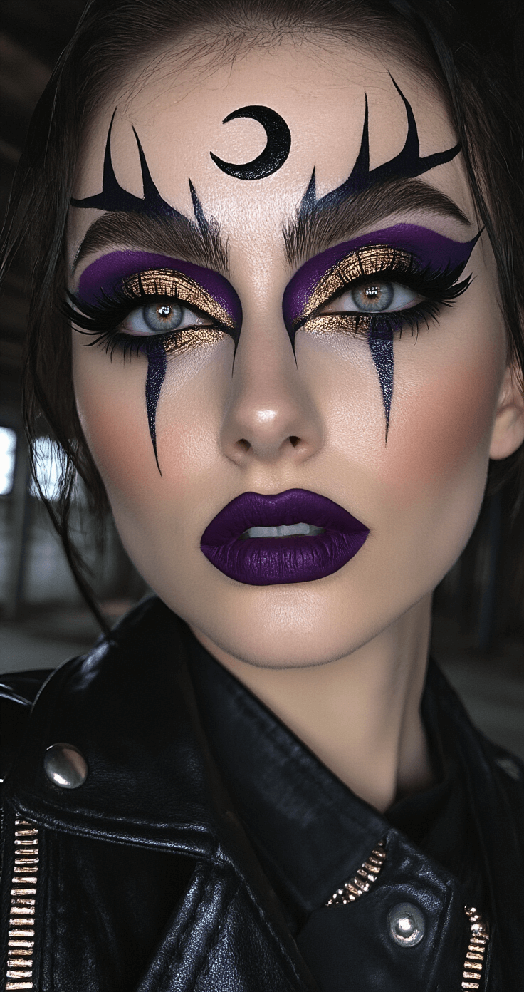 A model in a dramatic midnight witch cosplay with deep purple and shimmering gold eyeshadow, structured black leather jacket, and a silver crescent moon forehead design, posing in an industrial loft with high-contrast side lighting that accentuates her bold makeup and shadows.