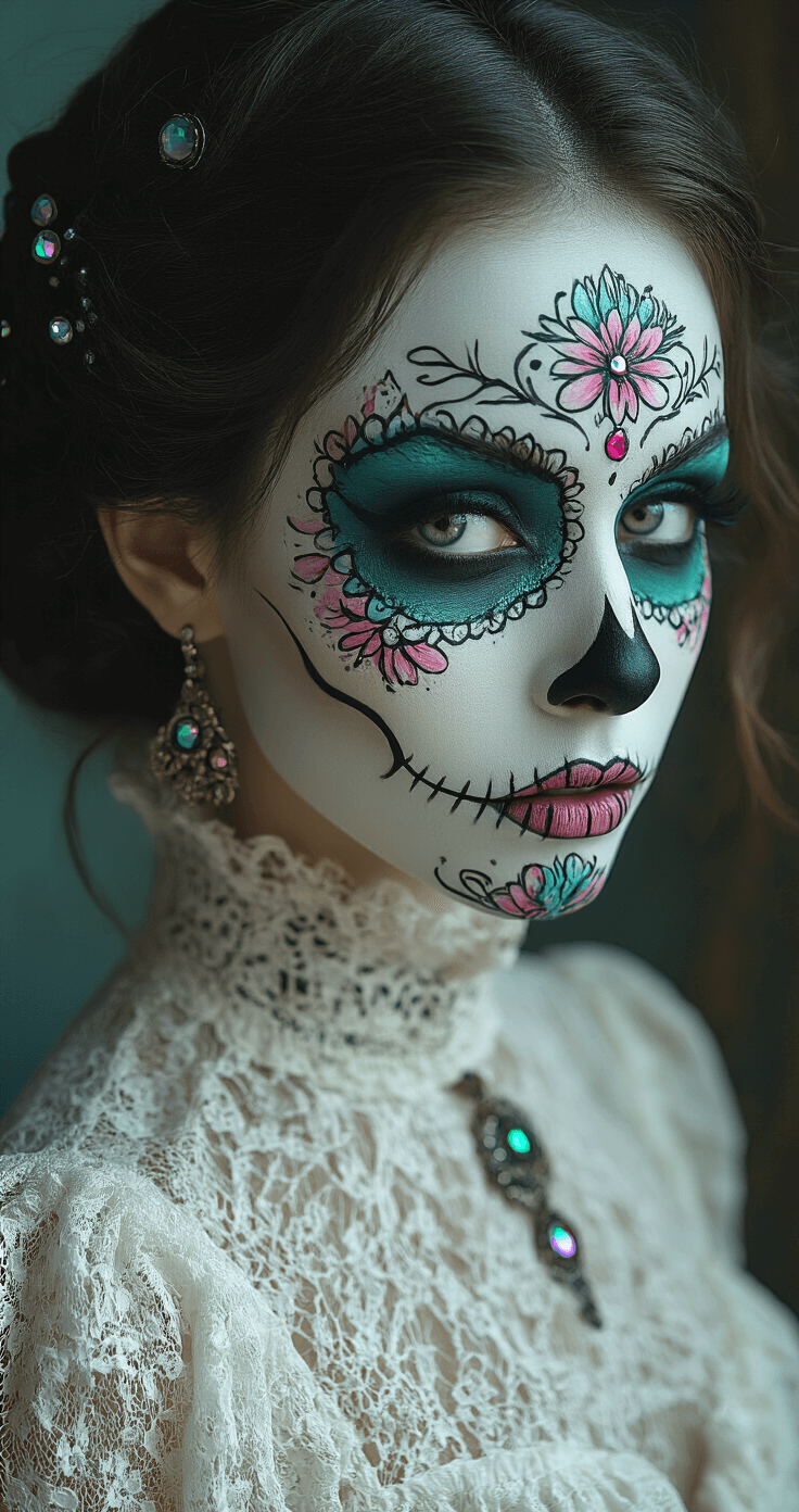 A close-up of a model showcasing stunning sugar skull witch makeup with a pale foundation, intricate black linework for hollow eyes, vibrant teal and pink floral designs, wearing a vintage lace high-neck blouse, dramatic lighting casting sharp shadows, and iridescent face gems adding dimension.