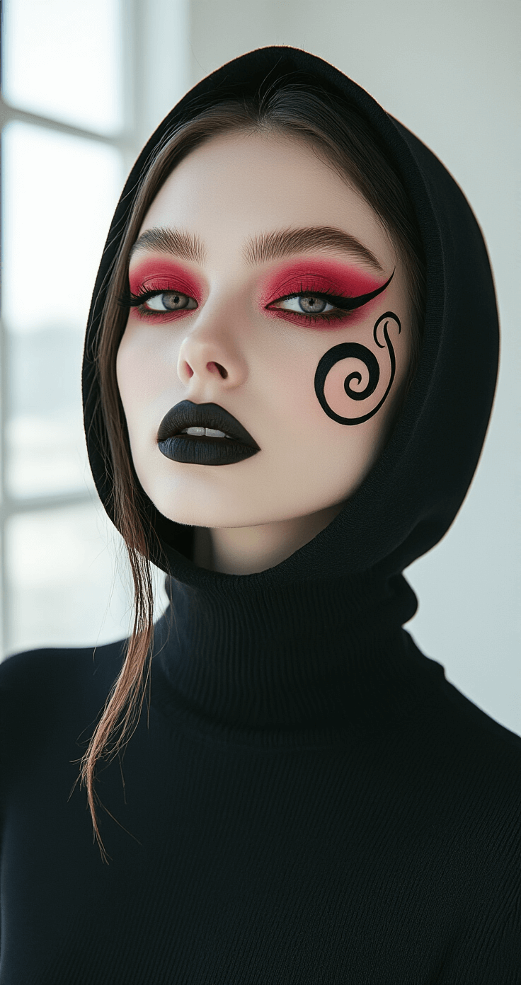 A model with a sleek hooded witch makeup look featuring red and pink eyeshadow, abstract black eyeliner swirls, black lipstick, and a crescent moon on her cheek, wearing a structured black turtleneck in a modern white studio with soft natural light.