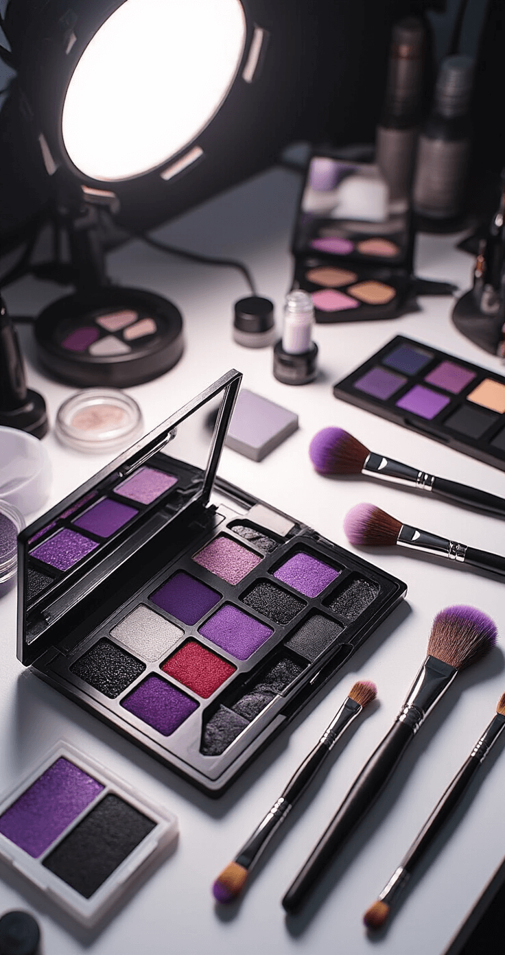 Dabi Cosplay Makeup: How I Create That Iconic Burnt Villain Look An ultra-realistic makeup artist workspace showcasing Dabi cosplay reference images, open makeup palettes with purple and black eyeshadows, meticulously arranged precise makeup brushes, and soft dramatic studio lighting illuminating the detailed makeup surfaces, along with scattered cosplay materials and professional photography lighting equipment.