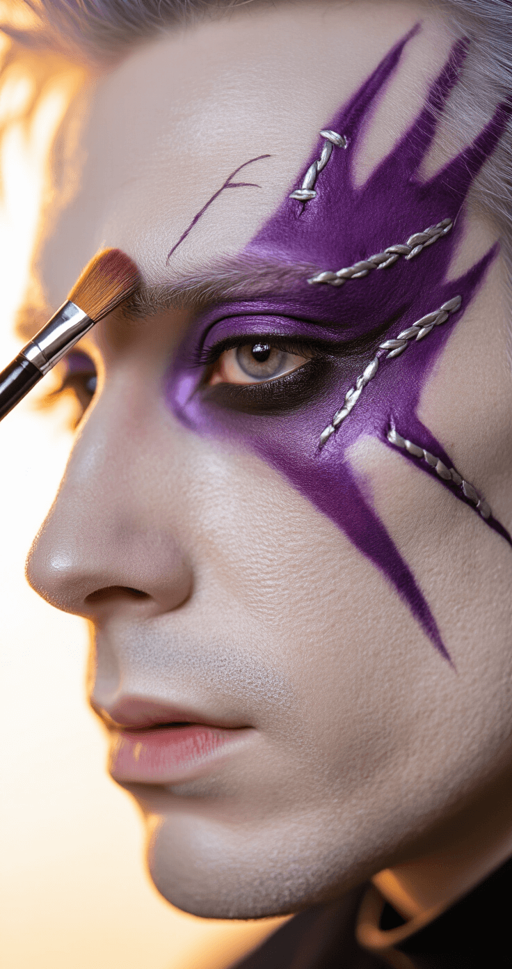 Dabi Cosplay Makeup: How I Create That Iconic Burnt Villain Look Close-up of a cosplayer during Dabi makeup application, highlighting intricate purple burn scars and metallic gray stitches, illuminated by soft golden hour light which casts dramatic shadows on pale skin.