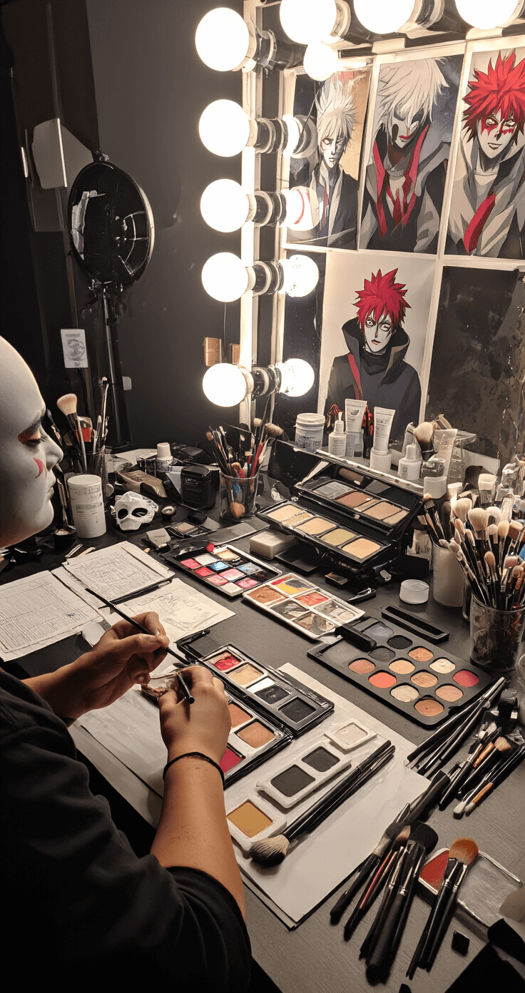 Dabi Cosplay Makeup: How I Create That Iconic Burnt Villain Look A detailed backstage scene showing a cosplayer applying complex makeup transformation inspired by the character Dabi, with a makeup station featuring Mehron face paints, various brushes, and precision tools, all under soft ambient lighting that enhances the dramatic mood.