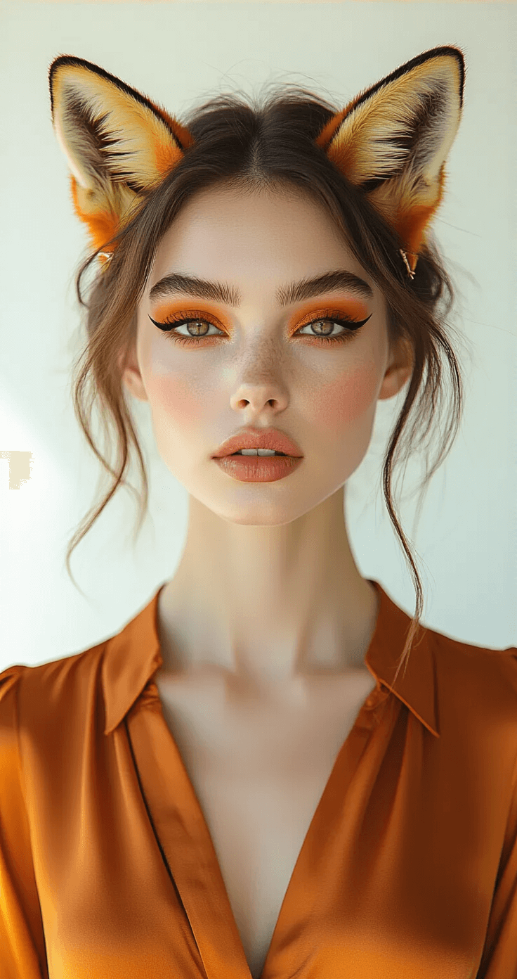 Fox Cosplay Makeup: How I Create an Authentic Foxy Look Every Time Close-up of a female model in a minimalist white studio, showcasing intricate fox-inspired makeup with dramatic winged eyeliner in amber tones, wearing a burnt orange silk blouse and delicate fox ear accessories, illuminated by soft, golden hour lighting.