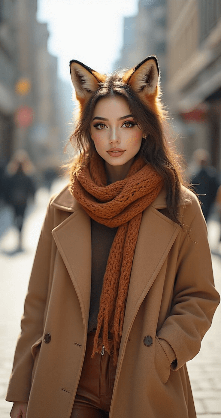 Fox Cosplay Makeup: How I Create an Authentic Foxy Look Every Time A young woman with fox cosplay makeup walks confidently down a sunlit city street, dressed in a camel wool coat, rust-colored leather boots, and a burnt sienna oversized knit scarf. Her makeup features sharp winged eyeliner, subtle orange-brown eyeshadow, and a delicate triangular nose detail. Soft sunlight highlights her facial contours.