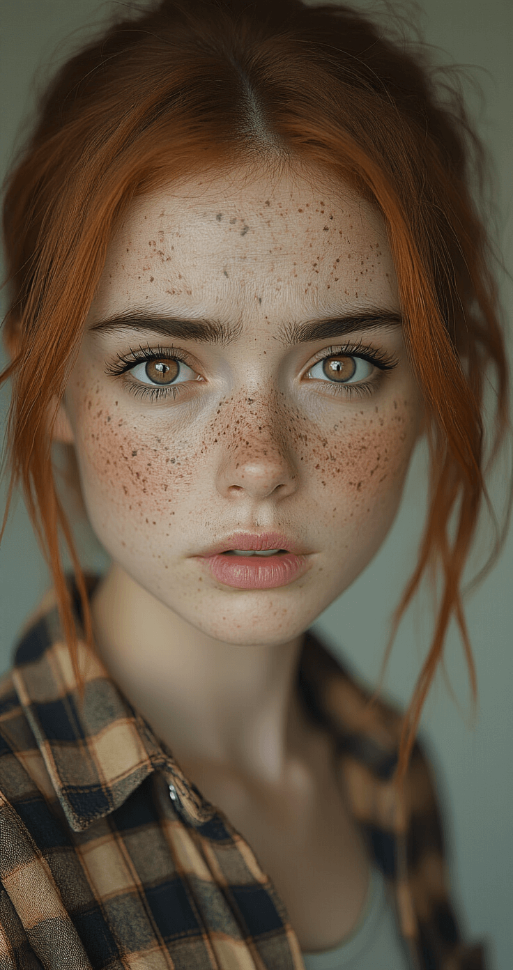 Close-up portrait of a young cosplayer as Ellie Williams, featuring brown-toned freckles, matte skin, and tired eyes, in soft natural light with visible skin imperfections, wearing a weathered flannel shirt, highlighting detailed skin texture and subtle battle-worn appearance.