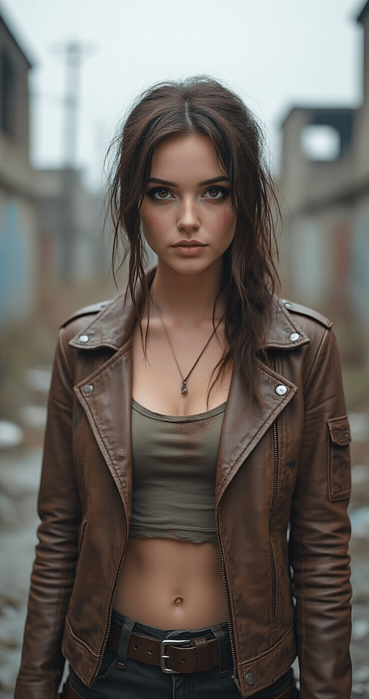 A female cosplayer portraying Ellie from a post-apocalyptic setting stands in an abandoned urban environment, wearing a distressed brown leather jacket. She has minimal makeup featuring natural brown eyeshadow and softly defined brows, with subtle dirt accents on her skin. The overcast natural lighting enhances the moody atmosphere of survival.