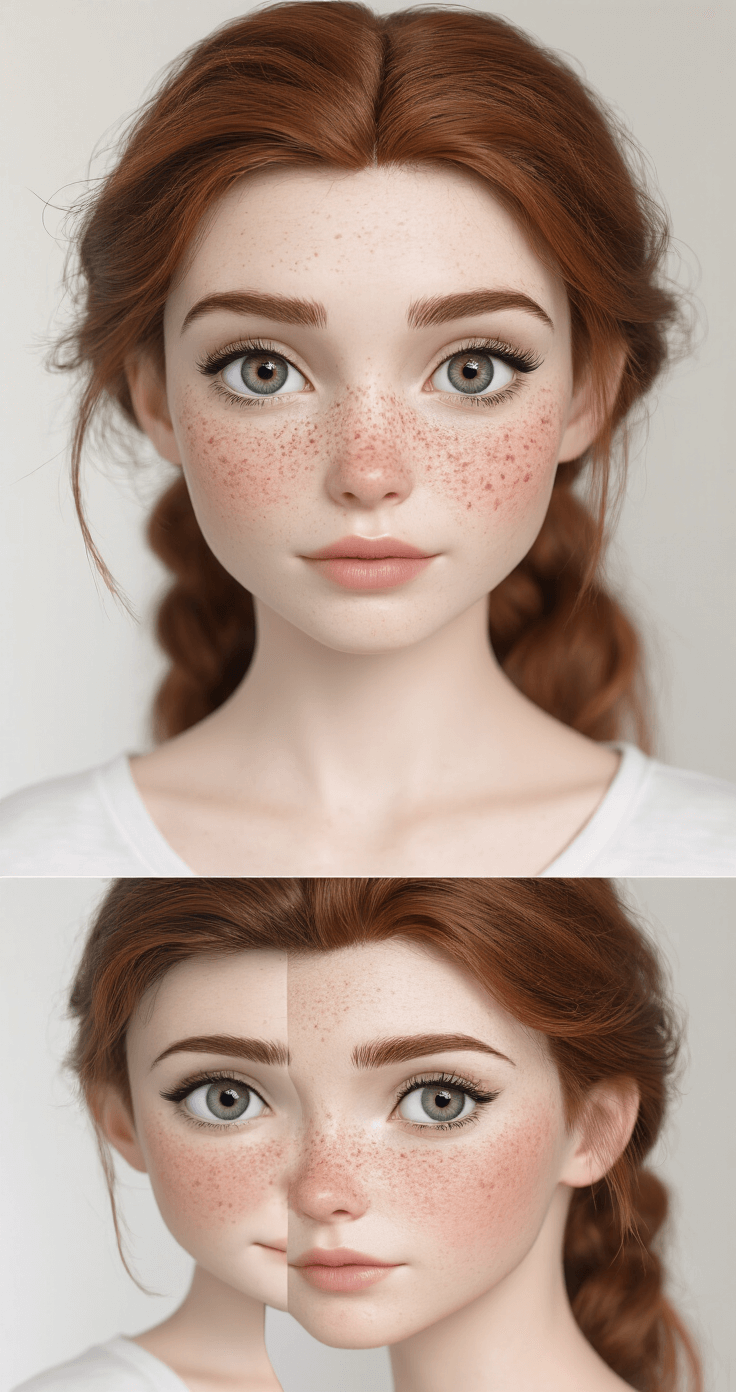 A side-by-side beauty portrait of Ellie depicting her makeup transformation from youth to maturity, highlighting changes in eye makeup, freckle placement, and skin texture under soft natural lighting, with a neutral color palette and matte skin finish.