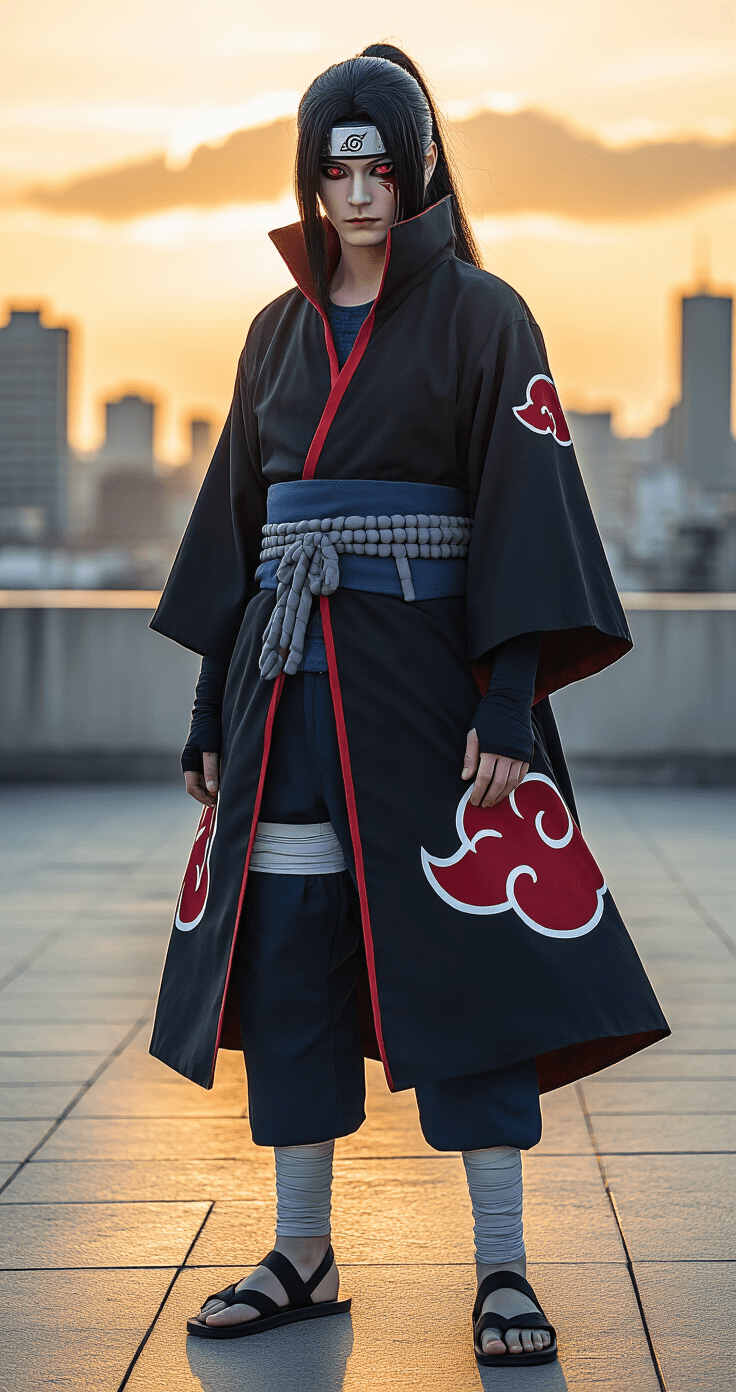 A photorealistic cosplay scene of a Itachi Uchiha cosplayer on an urban rooftop at golden hour, wearing a detailed Akatsuki cloak, with long styled black hair, Sharingan contact lenses, and intense makeup, casting dramatic shadows across their face.