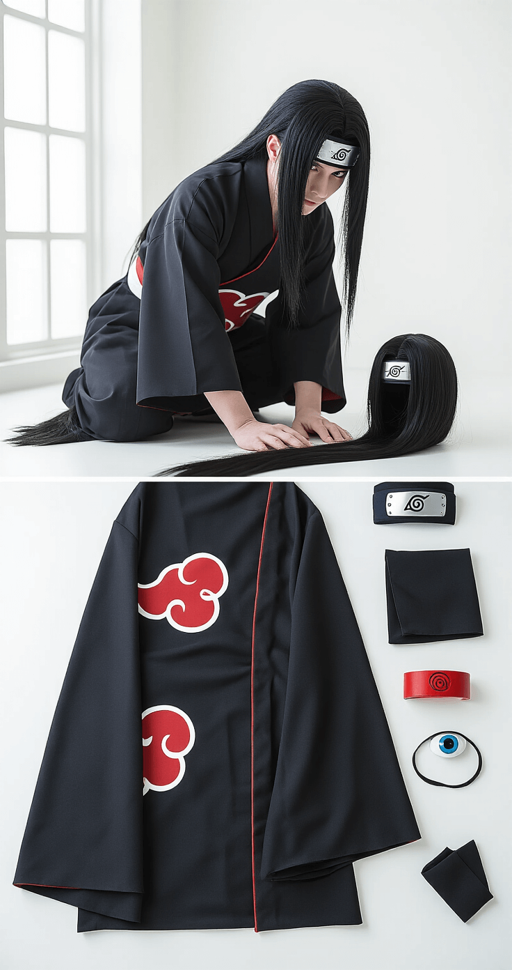 A cosplay enthusiast meticulously arranges Itachi's costume elements on a clean white surface, showcasing the black Akatsuki cloak, styled black wig, scratched Leaf Village headband, red Akatsuki ring, and Sharingan contact lenses, all illuminated by soft, diffused natural light.