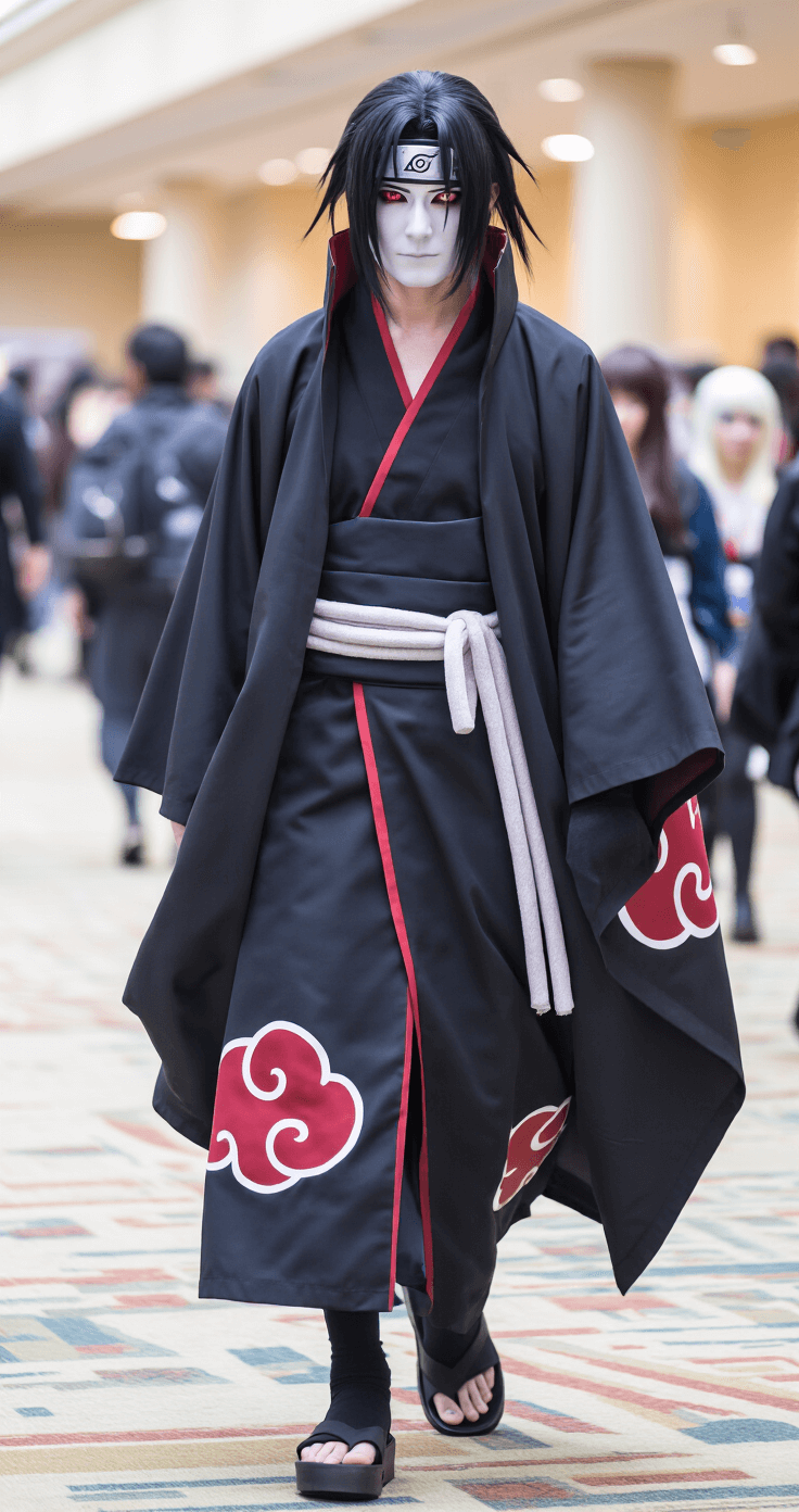 A dynamic convention hallway scene featuring a Itachi cosplayer in an Akatsuki cloak, captured mid-stride with a calm, intense pose. The cosplayer's Sharingan contacts and styled wig enhance the character’s look, while soft ambient lighting accentuates the costume's textures against a blurred background of fellow anime cosplayers.