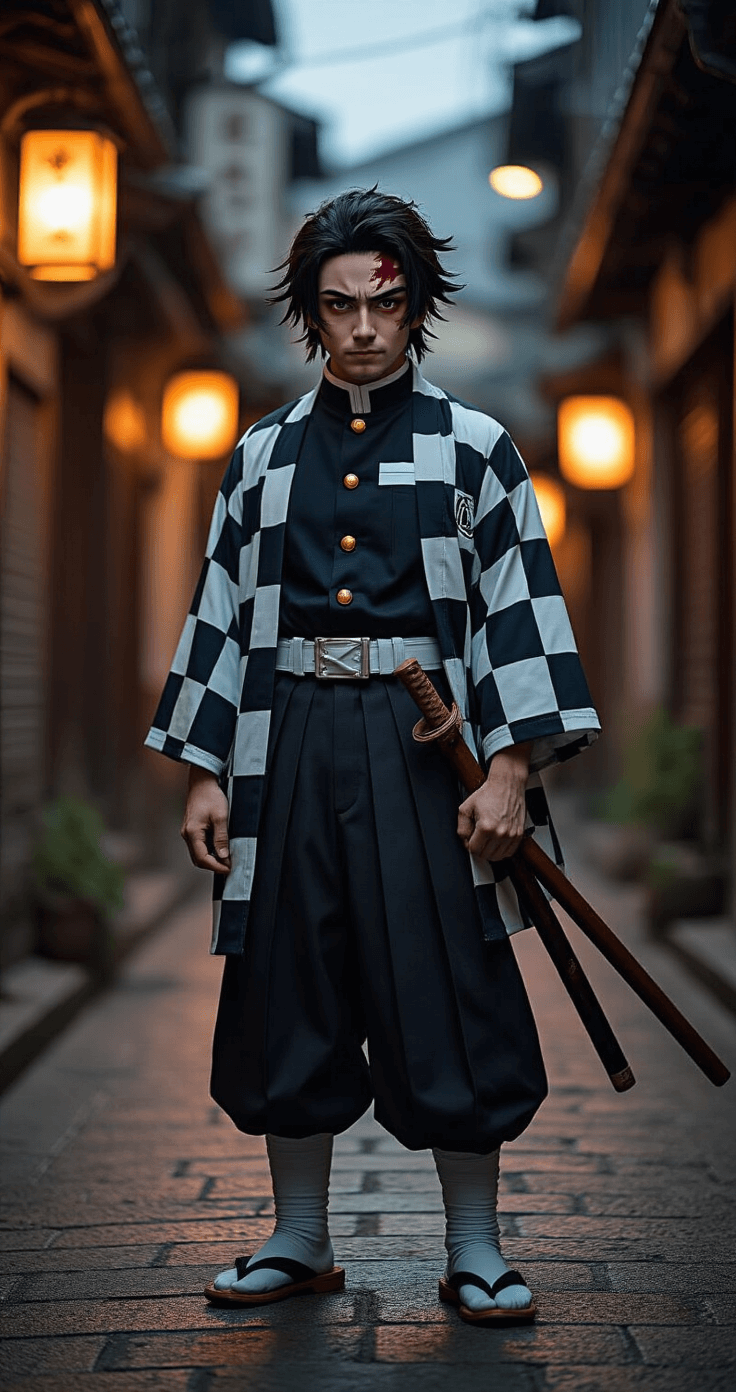 Cosplay Masculino: The Ultimate Guide to Men's Cosplay Costumes That Actually Look Amazing A male cosplayer dressed as Tanjiro from Demon Slayer stands in a moody urban alleyway at dusk, wearing a checkered haori and dark uniform. He holds a wooden sword prop in an authentic stance, with warm streetlamp highlights casting dramatic shadows that accentuate the intricate details of his costume.