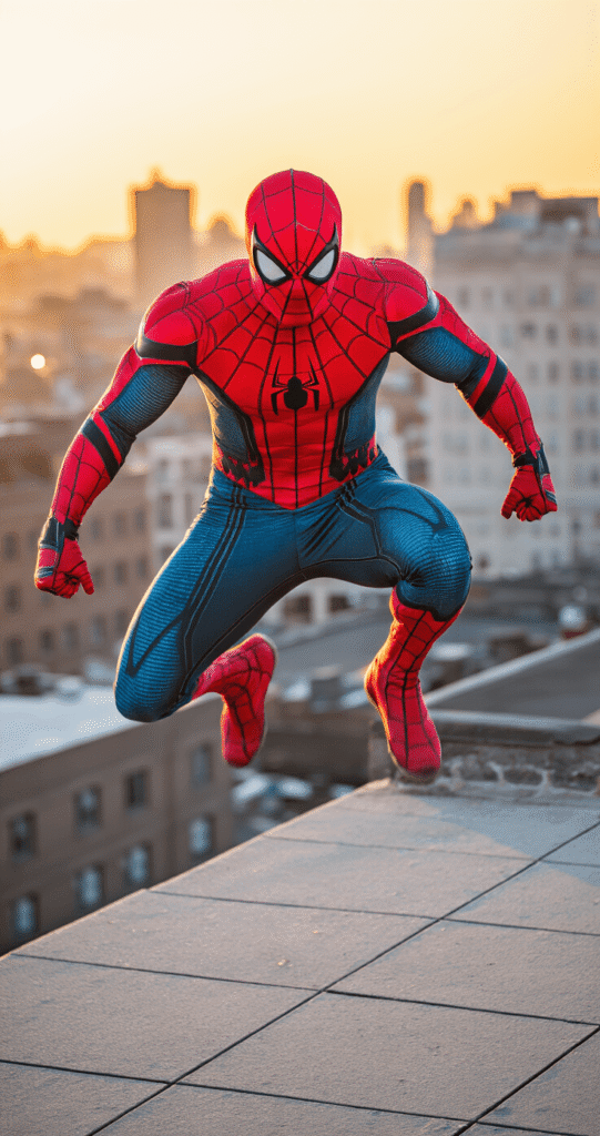 A muscular male cosplayer in a detailed Spider-Man suit strikes a dynamic pose on an urban rooftop at golden hour, illuminated by dramatic lighting that accentuates the suit's web patterns against a sunset cityscape backdrop.
