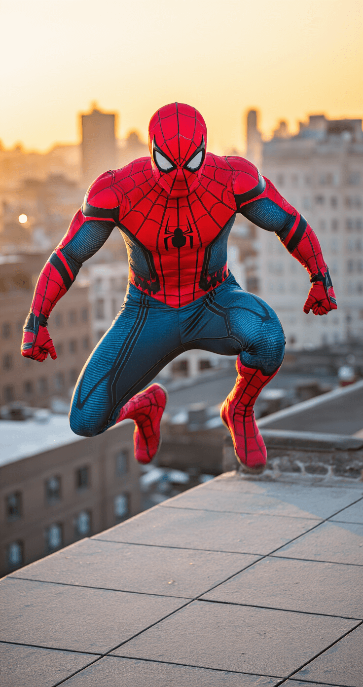 A muscular male cosplayer in a detailed Spider-Man suit strikes a dynamic pose on an urban rooftop at golden hour, illuminated by dramatic lighting that accentuates the suit's web patterns against a sunset cityscape backdrop.