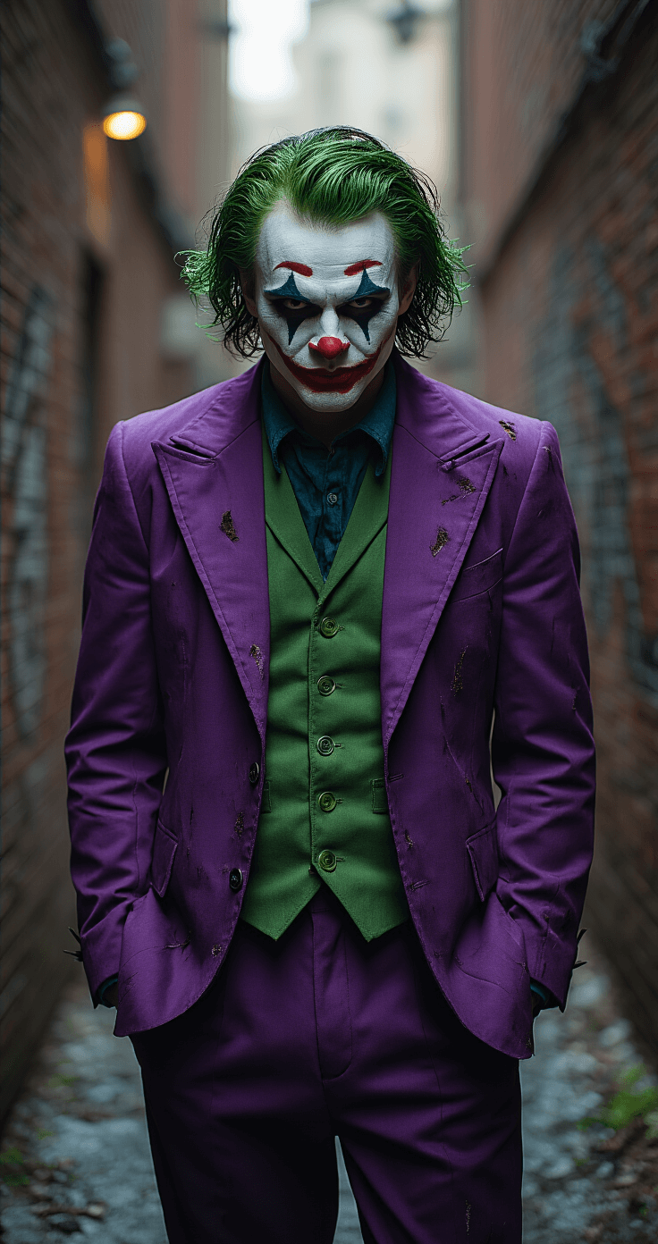 Cosplay Masculino: The Ultimate Guide to Men's Cosplay Costumes That Actually Look Amazing A male cosplayer dressed as the Joker stands in a dark urban alleyway, wearing a distressed purple suit, white face makeup, and a green wig. Dramatic lighting casts intense shadows, emphasizing the costume's details as he strikes a chaotic pose.