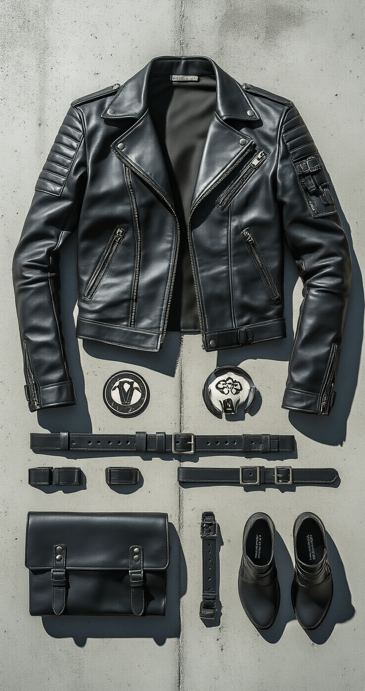 Flat lay of Vi cosplay costume components including a jacket, belts, tattoo stickers, ear clips, and accessories arranged on a concrete surface, showcasing intricate details in soft natural light with an industrial grey monochromatic palette.